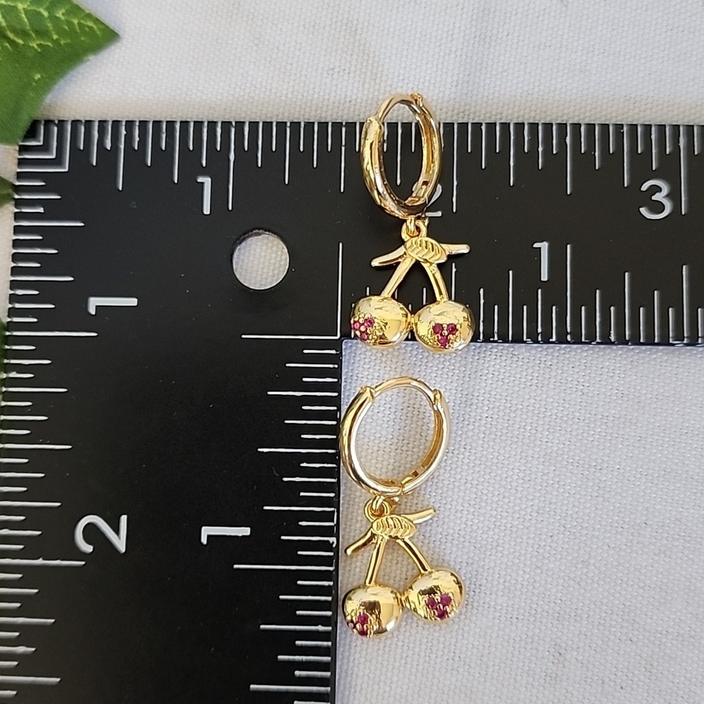 Gold Cherry Dangle Huggie Hoop Earrings - Picture 4 of 8